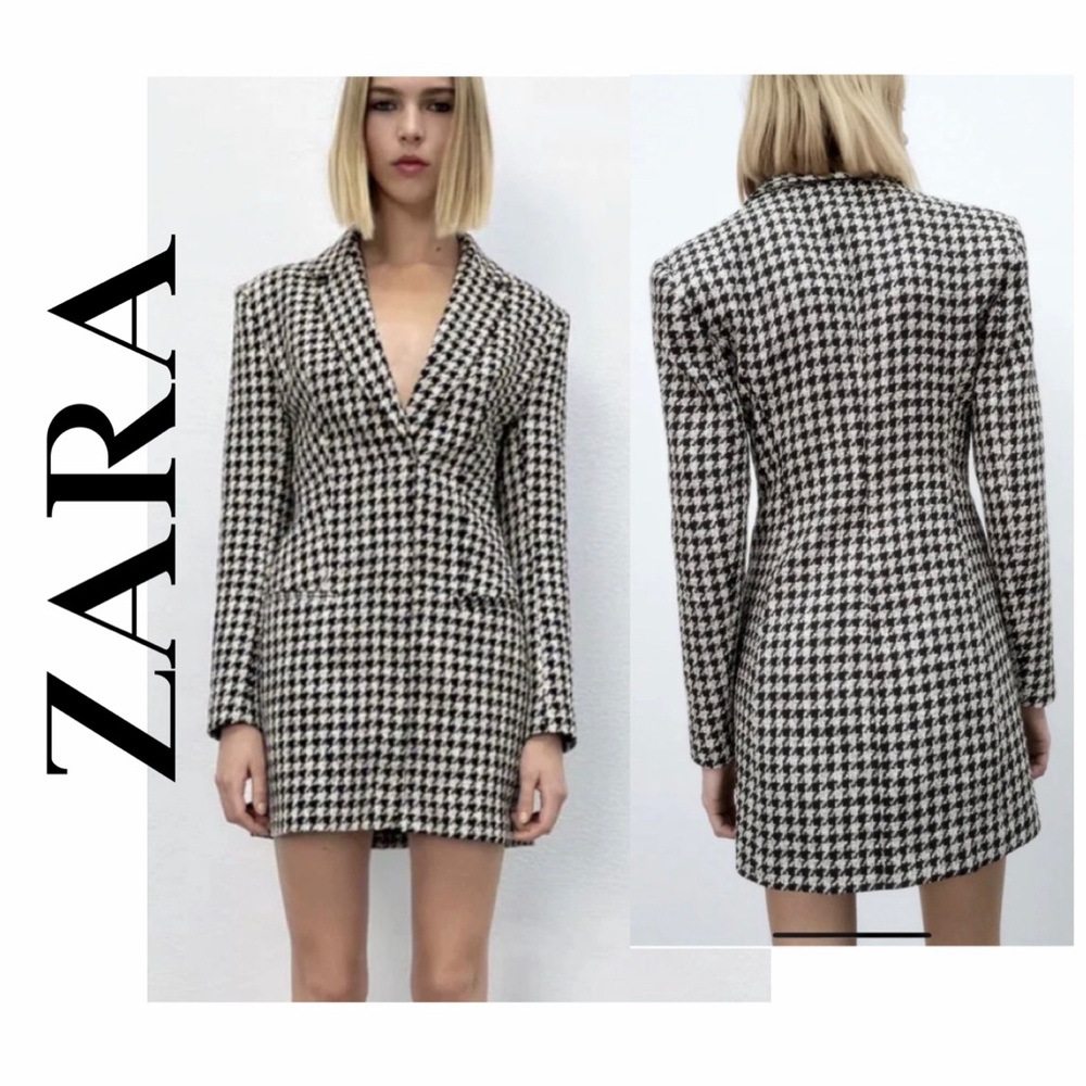 Zara Houndstooth Blazer Mini Dress Tailored Welt Pocket Sz S Retro Glam Core